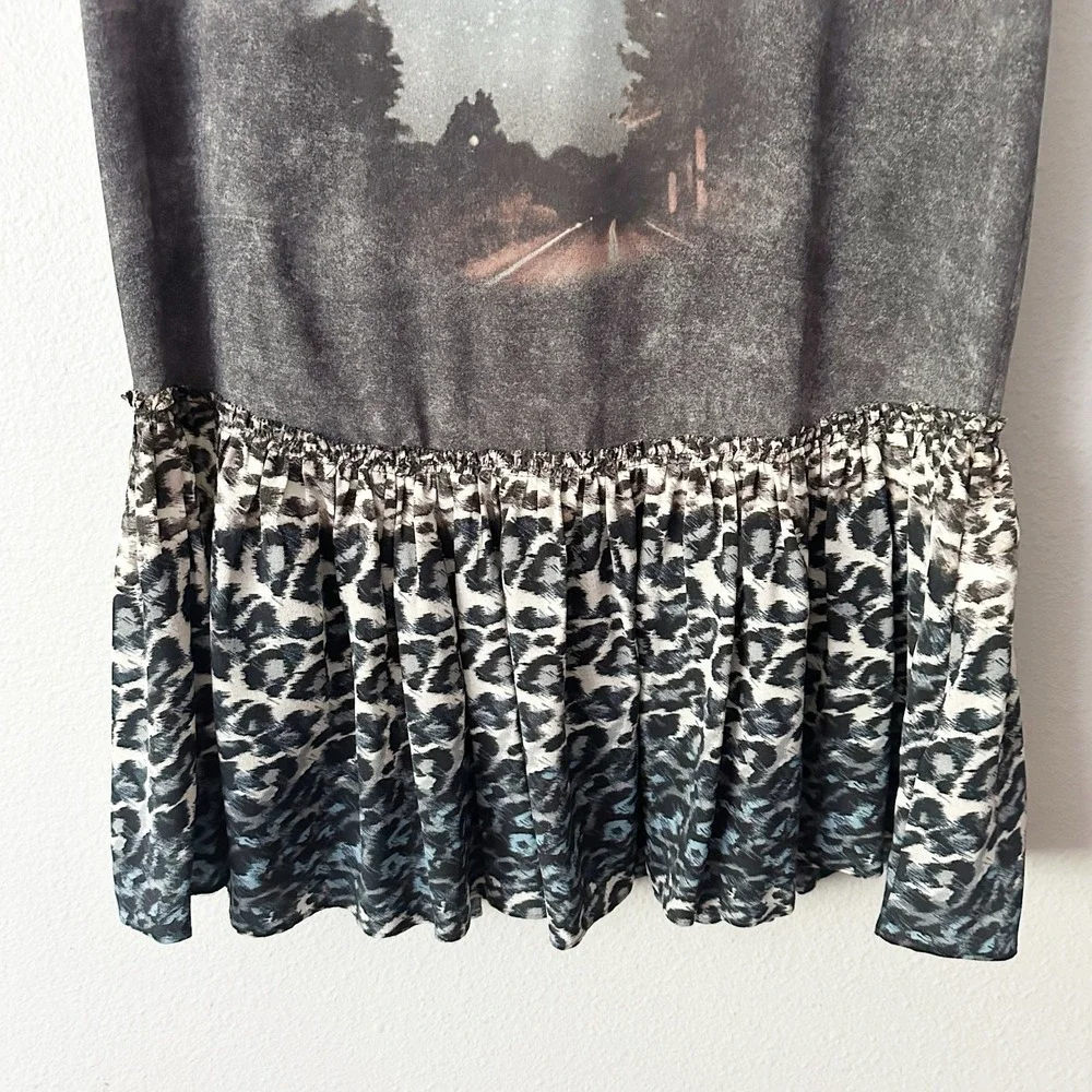 ALLSAINTS Watch the Skies‎ Gray Silk Mini Dress Leopard Hem Women's US Size 6 - Picture 3 of 12